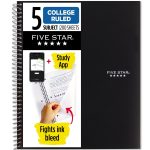 Five Star Spiral Notebook + Study App, 5 Subject, College Ruled Paper, 8-1/2" x 11", 200 Sheets, Fights Ink Bleed, Water Resistant Cover, Black (72081)