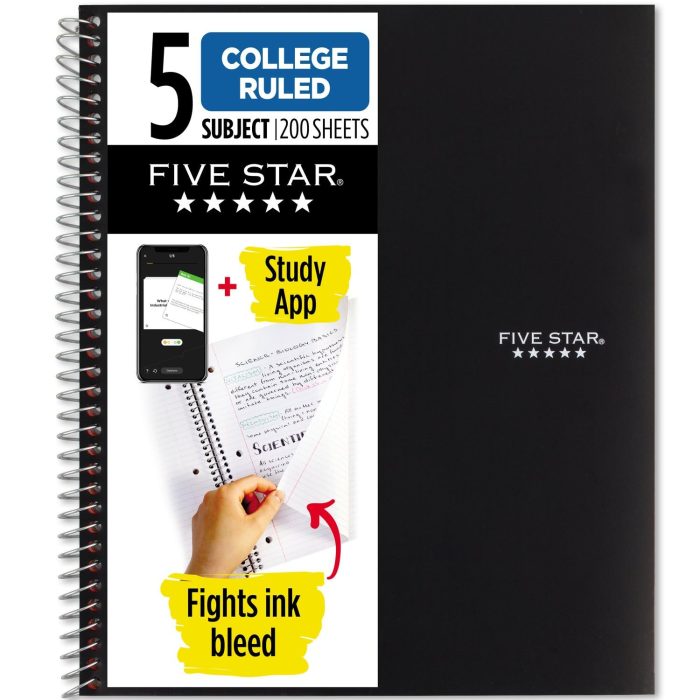 Five Star Spiral Notebook + Study App, 5 Subject, College Ruled Paper, 8-1/2" x 11", 200 Sheets, Fights Ink Bleed, Water Resistant Cover, Black (72081) - Image 1
