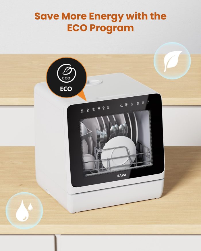HAVA 2025 NEW Upgraded Countertop Dishwasher with Water Softener and Enhanced Energy Efficiency, Portable Dishwasher with 8 Wash Programs, Child Lock & Delayed Start Function, No Installation Needed - Image 9