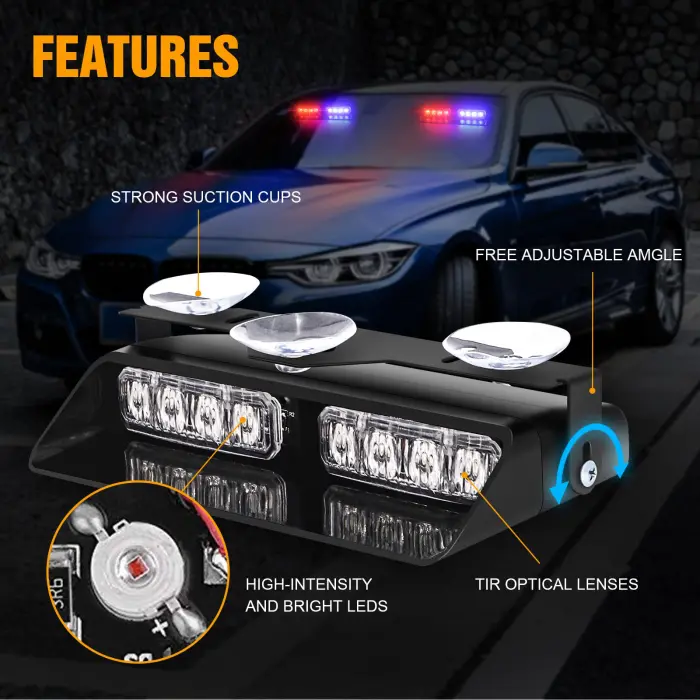 XRIDONSEN 2 in1 Dash Emergency Strobe Lights Interior Windshield Red Blue Warning Safety Flashing Police Lights Law Enforcement w/Suction Cups for Volunteer Vehicles, Trucks (2×7.16 inch, 16 LED) - Image 6