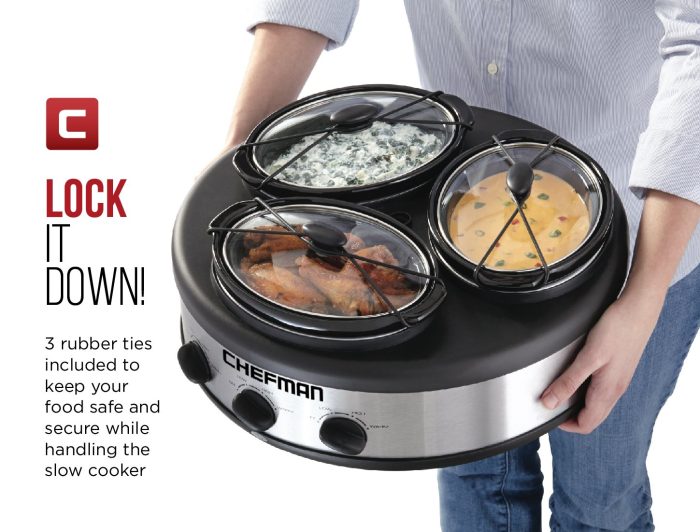 Chefman Triple Slow Cooker & Buffet Server with 3 Removable 1.5 Qt. Oval Crocks, Pot Inserts Individually Heat Controlled, Locking Lid Straps, Spoon & Lid Rests, 3 x 1.5 quart, Stainless Steel (Renewed) - Image 7