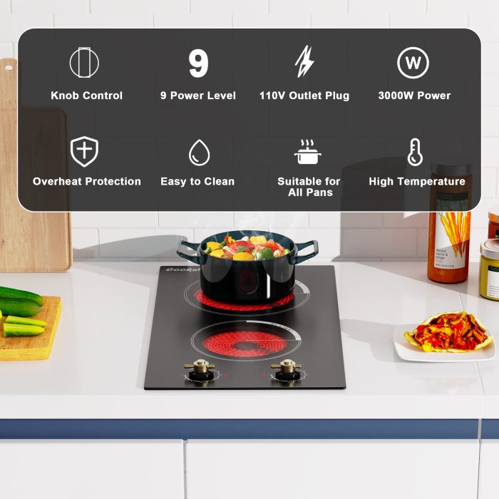 Cooksir 2 Burner Electric Cooktop 220V - Built-in 12 Inch Electric Stove Top 3000W, Ceramic Cook Top Radiant, 9 Power Heating Levels, Overheat Protection, Retro Knob, 220V - 240V Hard Wired (No Plug) - Image 4