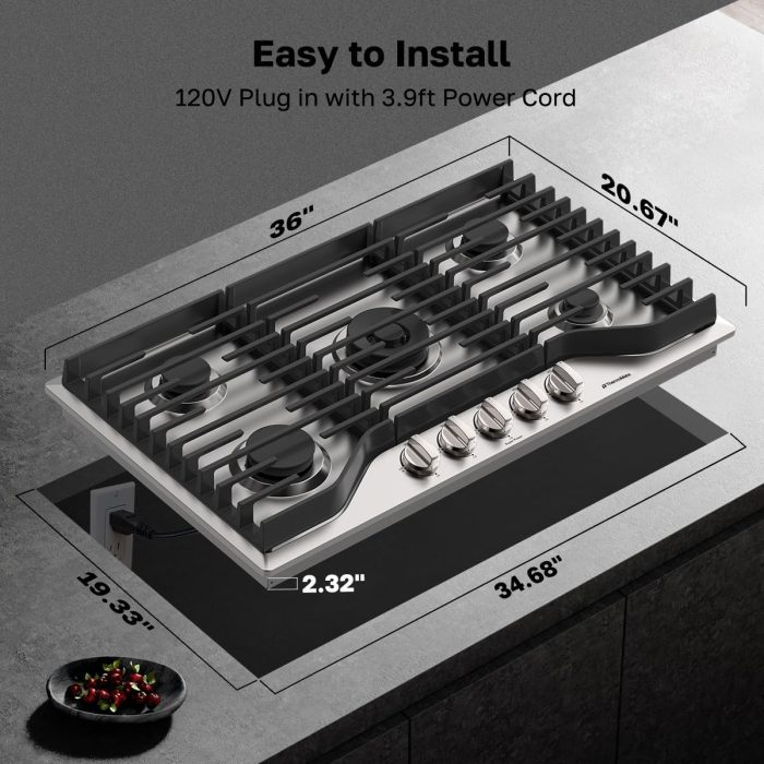 ThermoMate Heavy 36 Inch Gas Cooktop with 5 Italy Sabaf Power Burners, Built In Stove Top of 304 Stainless Steel, Gas Hob NG/LPG Convertible, Cooker with Thermocouple Protection CSA Certified - Image 3