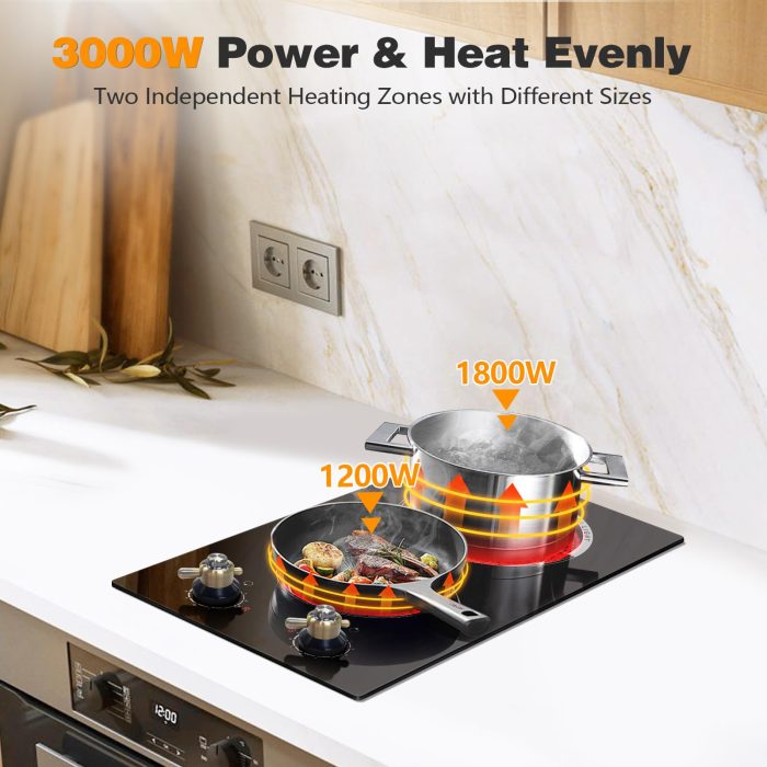 Cooksir 2 Burner Electric Cooktop 220V - Built-in 12 Inch Electric Stove Top 3000W, Ceramic Cook Top Radiant, 9 Power Heating Levels, Overheat Protection, Retro Knob, 220V - 240V Hard Wired (No Plug) - Image 3