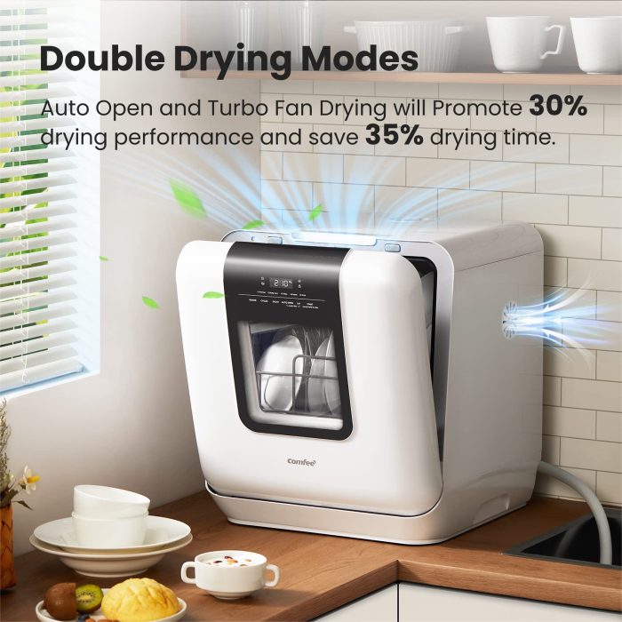COMFEE' Countertop Dishwasher, Portable Dishwasher with 6L Built-in Water Tank, Mini Dishwasher with More Space Inside, 7 Programs, UV Hygiene& Auto Door Open, for Apartments, Dorms& RVs, White - Image 8