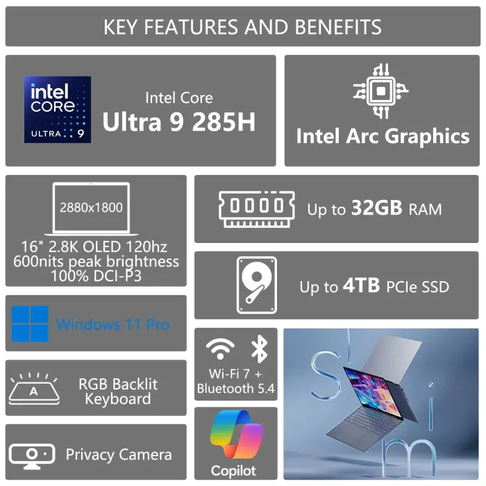 ASUS Vivobook S16 Copilot+ AI PC Laptop | 16" 2.8k OLED 120Hz | Intel Core Ultra 9 285H | 32GB RAM 1TB SSD | RGB Backlit for Creator Designer Business Professional Win11 Pro w/DLCA Accessory - Image 8
