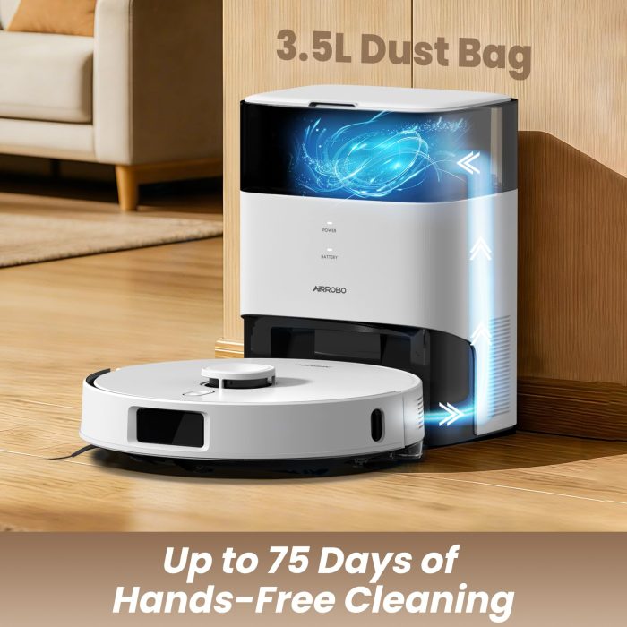 AIRROBO T30+ Robot Vacuum and Mop, 75-Day Self-Emptying, 6000PA Suction, Active Intelligent Obstacle Avoidance, Tangle-Free Brush, Carpet Avoidance, LiDAR Navigation, Smart Mapping, White - Image 9