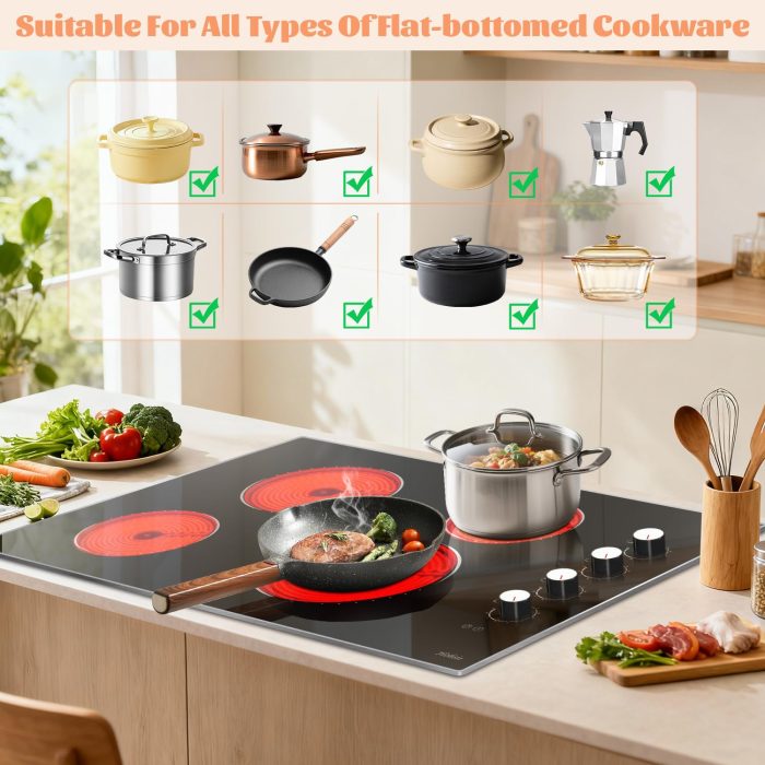 Electric Cooktop 30 Inch Hobsir, 4 Burner Electric Stove Top 6700W, Knob Control Built in Cook top, 30" Electric Stove Top Burner with Glass Protection Metal Frame, Double-ring burner, 220-240v - Image 4