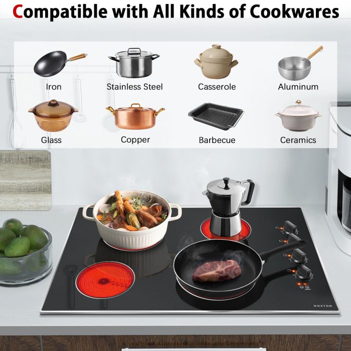 Noxton 30 Inch 4 Burners Electric Cooktop, Built-in 30" Radiant Electric Ceramic Stove Top with Glass Protection Metal Frame,Knob Control, Hot Surface Indicator, 220-240v, No Plug, Hard Wire - Image 4