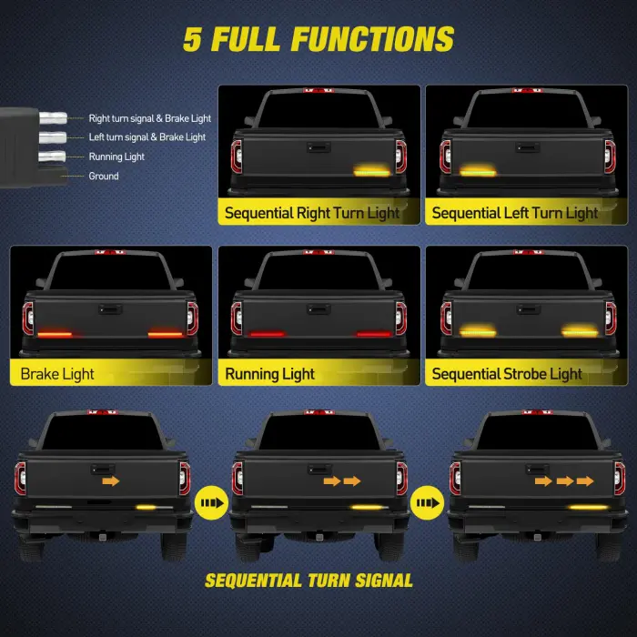 Nilight Truck Tailgate Light Strip 7 Inch Aluminum Frame Double Row 60 LED Red Running Brake Amber Sequential Turn Signals Strobe Lights Bar for Trailer Hitch Cargo Carrier Luggage Rack - Image 7