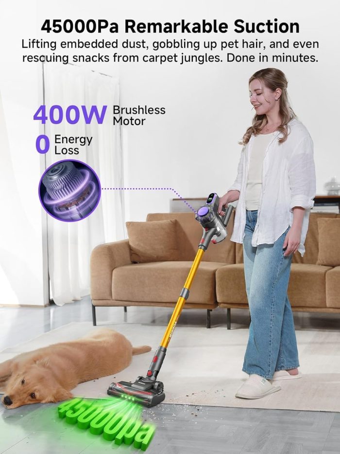 MONSGA Cordless Vacuum Cleaner, 45KPa 400W Stick Vacuum for Home, 50Mins Anti-Tangled Vacuum Cleaner with Charging Dock, Light-weighted Handheld Vacuum for Pet Hair/Carpet/Floor, LED Touch Display,MV3 - Image 9