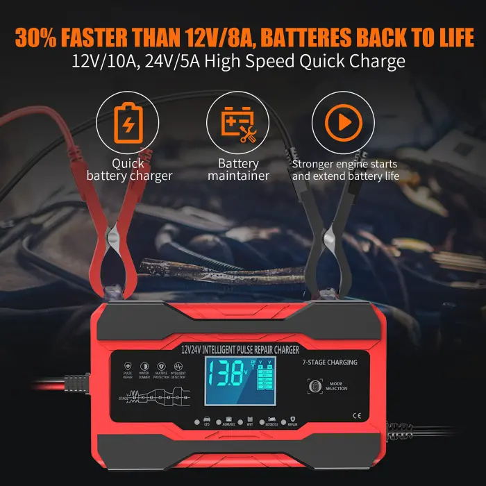 YONHAN Battery Charger 10-Amp 12V and 24V Fully-Automatic Smart Car Battery Charger, Battery Maintainer Trickle Charger, and Battery Desulfator with Temperature Compensation - Image 7