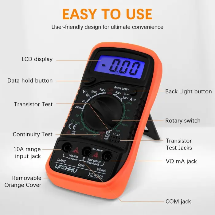 Digital Multimeter Voltmeter Battery Voltage Multi Tester Continuity Ohm Volt Amp DC AC Current Resistance Diodes 2000 Counts Electrical Test Meter with Leads Backlight LCD Display - Image 4