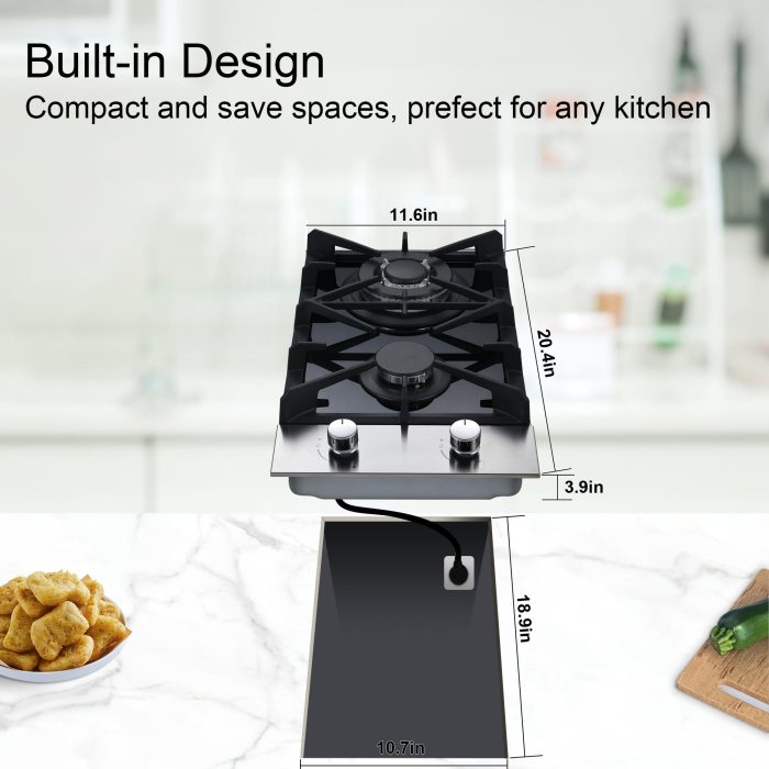 Eascookchef 2 Burner Gas Cooktop, 12 inch LPG/NG Dual Fuel Built-in Gas Stove Top, Black Tempered Glass Stove, Propane Cooktop for Apartment, Outdoor, RV, With Thermocouple Protection - Image 5