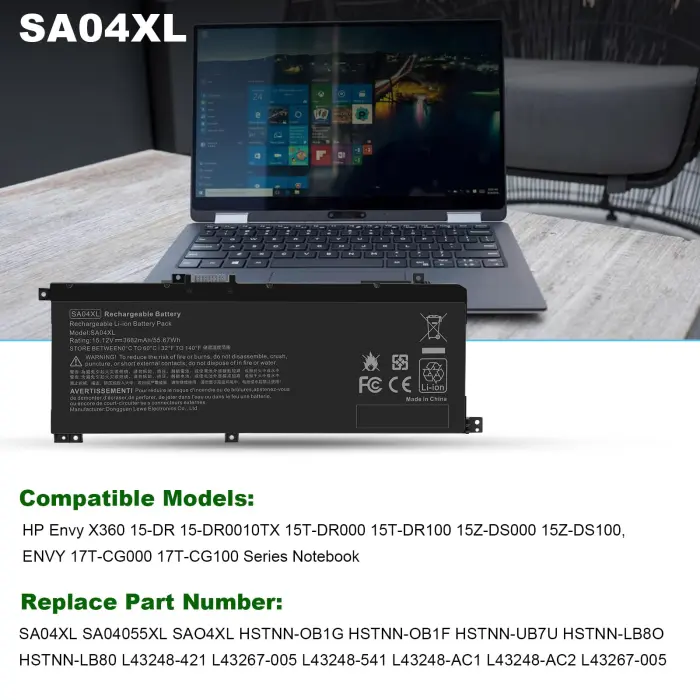 SA04XL SAO4XL Battery for HP Envy X360 15m-ds0011dx 15m-dr0012dx 15m-dr0011dx 15m-ds0xxx 15m-dr0xxx 15t-dr100 15m-dr1xxx 17t-cg100 17-cg100 15M-DR 15M-DS SA04055XL L43267-005 L43248-AC2 HSTNN-OB1F - Image 5