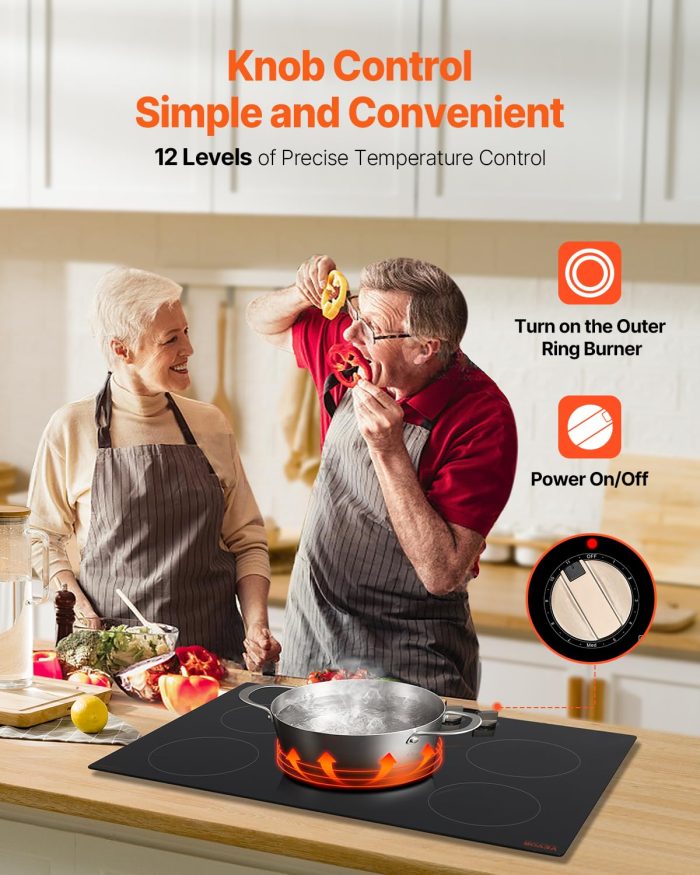VEVOR Induction Cooktop, 9200W Electric Countertop Burner, 5 Burner Knob Control Stove, Built-in Induction Cooktop with 12 Temperature Settings, Glass Surface, Auto Shut-Off - Image 8