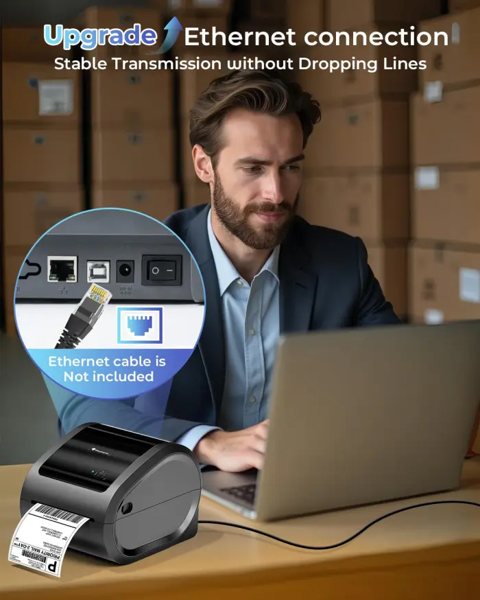 Phomemo Ethernet Thermal Label Printer 4x6, Bluetooth Shipping label printer for Small Business, Home, Office, 300DPI Wireless Thermal Printers Support Ethernet/Bluetooth/USB, Amazon, Ebay, Etsy, USPS - Image 4