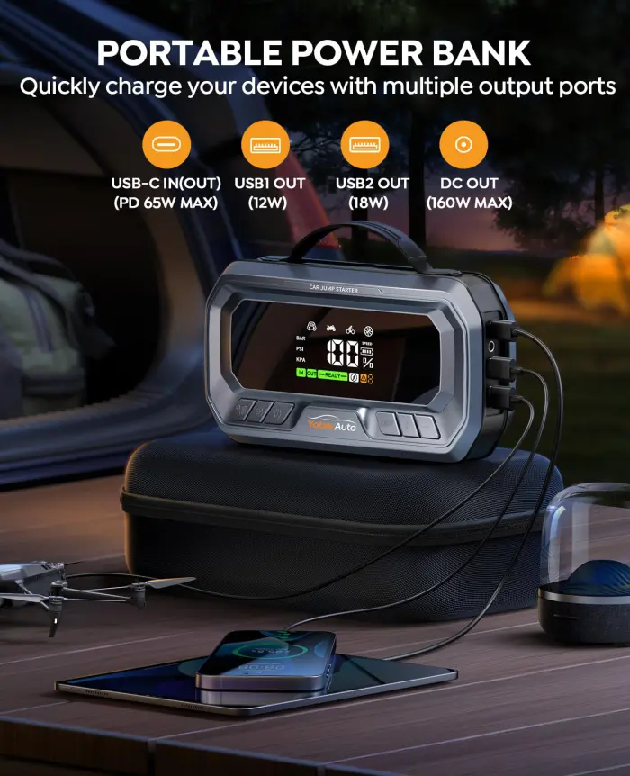 YaberAuto 12-in-1 Jump Starter with Air Compressor 8000A 160PSI 65W Charging, Portable Car Battery Jump Starter (All Gas/12L Diesel) Jump Box Car Battery Jumper Starter Portable Jumper Cables, 160W DC - Image 4