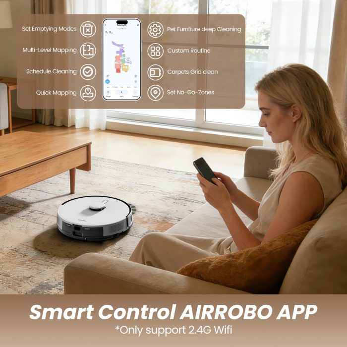AIRROBO T30+ Robot Vacuum and Mop, 75-Day Self-Emptying, 6000PA Suction, Active Intelligent Obstacle Avoidance, Tangle-Free Brush, Carpet Avoidance, LiDAR Navigation, Smart Mapping, White - Image 3