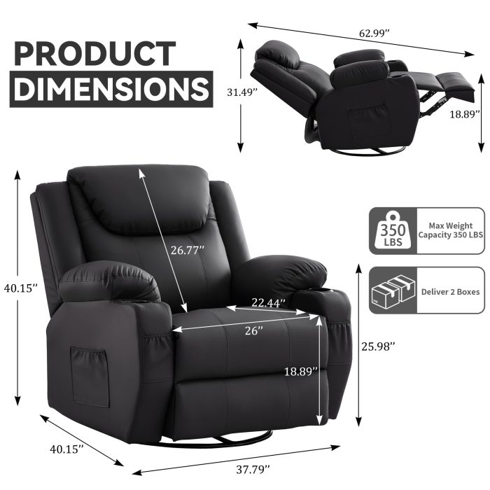 Korser Oversized Recliner Chair, 360° Swivel Recliner for Adults,Swivel Rocker Recliner Chair with Heat and Massage, Manual Recliner with Remote Control and Cup Rolders for Living Room, Faux Leather - Image 8