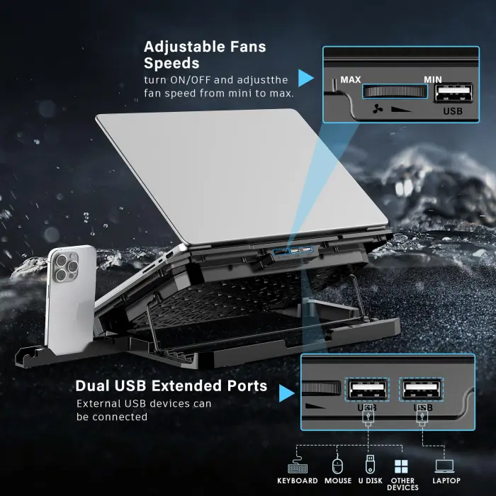 Laptop Cooling Pad, Laptop Cooler 6 Quiet Fans for 12"-17" Laptops, Gaming Laptop Fan Cooling Pad with 5 Height Adjustable, Slim Portable USB Powered, 2 USB Ports & Phone Holder - Image 6