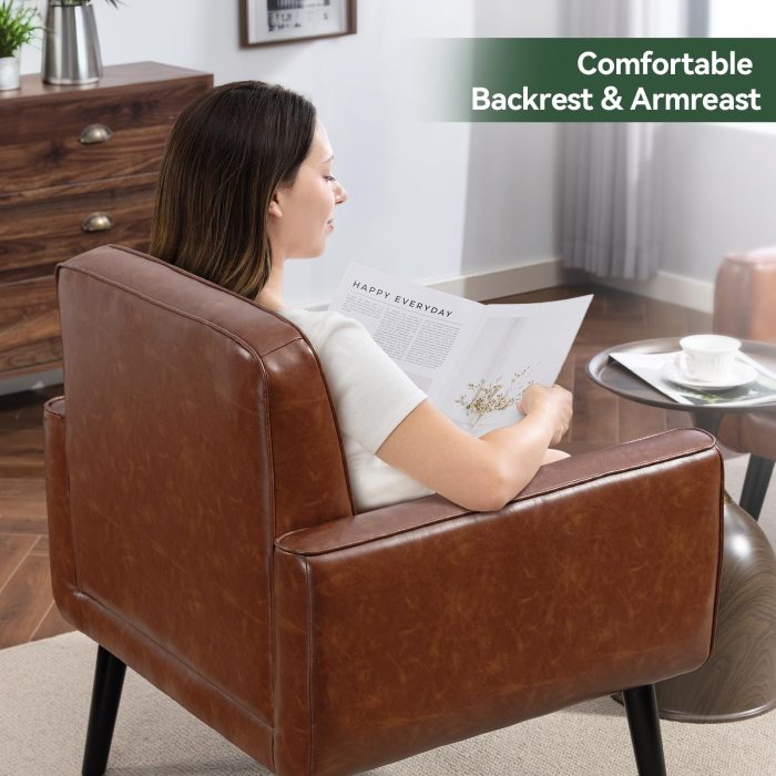 Mid Century Accent Chair, PU Leather Modern Chair with Wooden Frame, Cozy Armchair Reading Chair with Comfy Back for Apartment, Living Room, Bedroom, Waiting Room, Small Space, Corner, Brown - Image 4