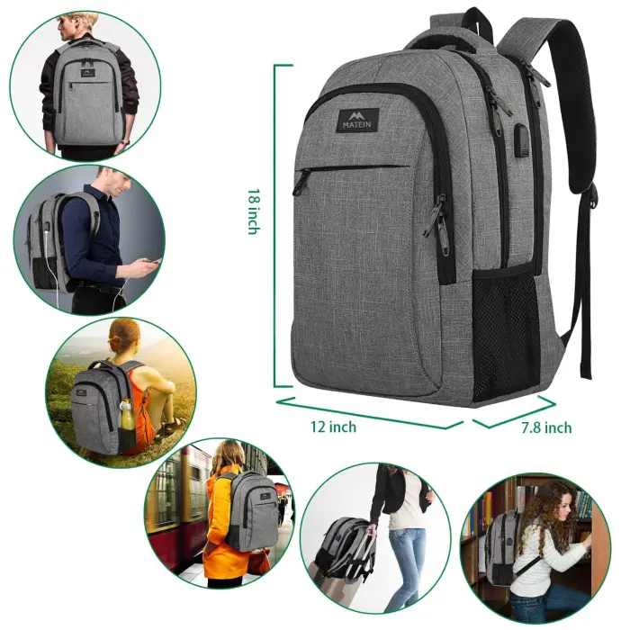 MATEIN Travel Laptop Backpack, Business Anti Theft Slim Sturdy Laptops Backpack with USB Charging Port, Water Resistant College School Computer Bag Gift for Men & Women Fits 15.6 Inch Notebook, Grey - Image 7