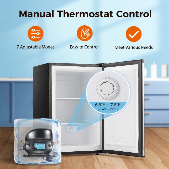 Kismile Small Freezer Upright, 3.0 Cu.ft Mini Freezer with Adjustable Thermostat, Removable Shelves, Reversible Single Door, Stand Up Freezer for Bedroom/Home/Dorms/Apartment (Stainless Steel) - Image 6
