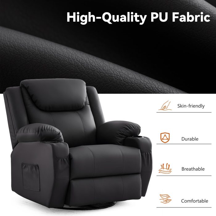 Korser Oversized Recliner Chair, 360° Swivel Recliner for Adults,Swivel Rocker Recliner Chair with Heat and Massage, Manual Recliner with Remote Control and Cup Rolders for Living Room, Faux Leather - Image 3