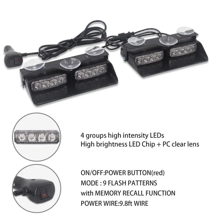 XRIDONSEN 2 in1 Dash Emergency Strobe Lights Interior Windshield Red Blue Warning Safety Flashing Police Lights Law Enforcement w/Suction Cups for Volunteer Vehicles, Trucks (2×7.16 inch, 16 LED) - Image 4