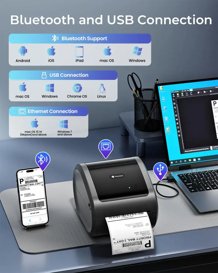 Phomemo Ethernet Thermal Label Printer 4x6, Bluetooth Shipping label printer for Small Business, Home, Office, 300DPI Wireless Thermal Printers Support Ethernet/Bluetooth/USB, Amazon, Ebay, Etsy, USPS - Image 7