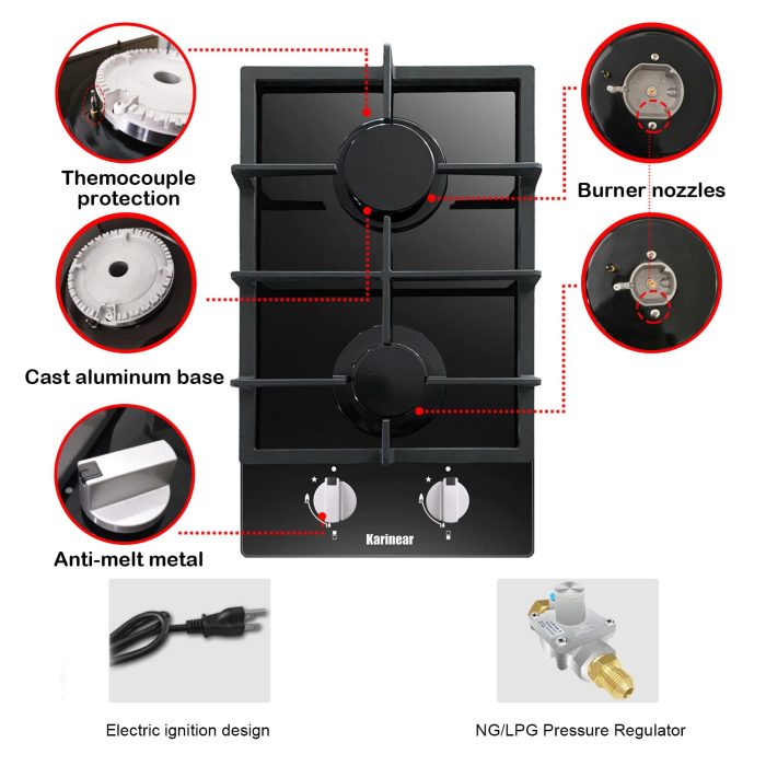 Karinear Gas Cooktop 2 Burner Propane Cooktop, 12 Inch LPG/NG Dual Fuel Gas Stove Top, Built-in Tempered Glass Gas Cooktop for Apartment, Indoor, RV - Image 6
