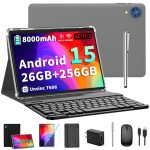 2026 Android 15 Tablet with Keyboard - 26GB+256GB+2TB Expand, Octa-Core, Gemini AI, 2.4G/5G Wifi, 8000mAh, Widevine L1, Dual Camera, 10 Inch 2 in 1 Tablets with Case, Mouse, Stylus (Black Case)