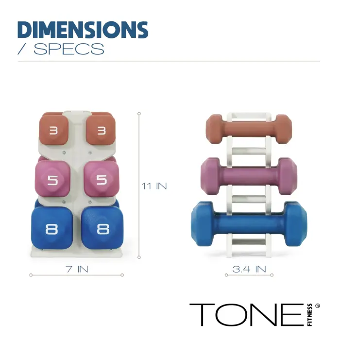 Tone Fitness 32 LB Neoprene Dumbbell Set with Storage Rack – Non-Slip, Anti-Roll Hand Weights for Home Gym Workouts - Mixed Colors | Orange, Purple and Blue. - Image 6