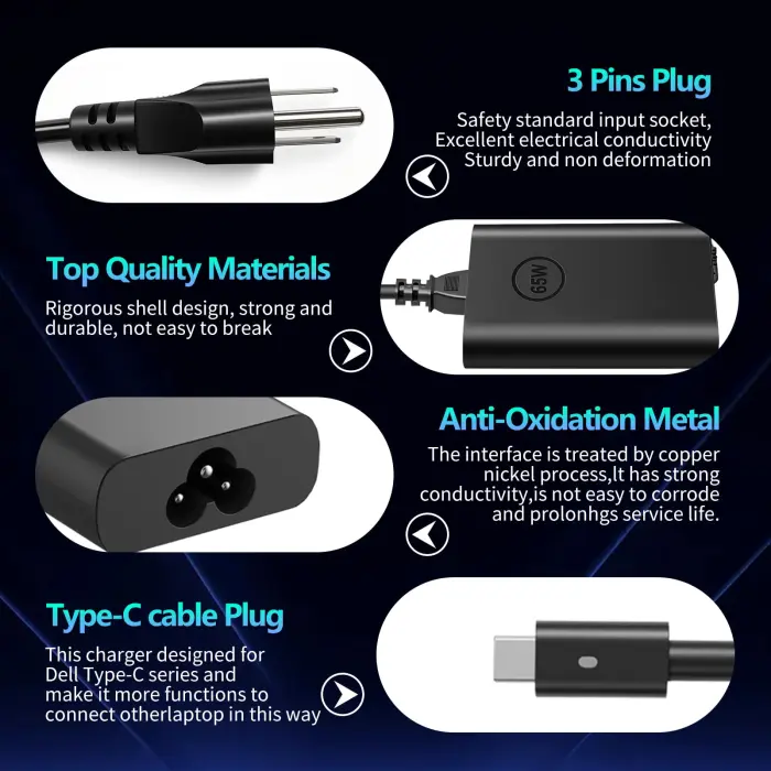 65W USB-C Laptop Charger for Dell Laptop Latitude 5530 5420 5430 5520 5540 7430 7440 7340 7530 7330 7320 Chromebook 3100 9250 9360 9365 9370 9380 9350 9550 Adapter Power Cord - Image 2