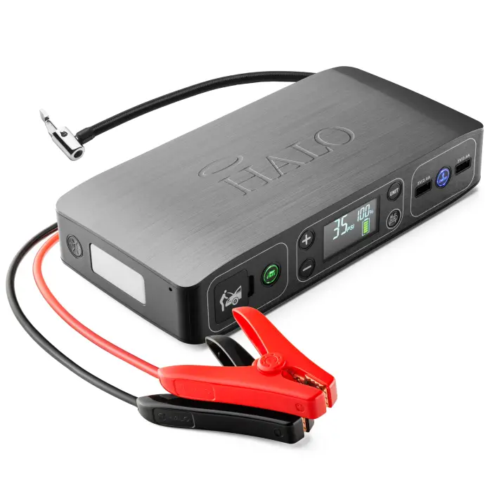 71zn0pAkePL HALO Bolt Air 58830 Portable Car Battery Jump Starter | 100 PSI Air Compressor, 58.8Wh USB Power Bank, Emergency Floodlight & Charger, Jumps Cars SUVs & Trucks, Inflates Tires, TSA Approved — Gray - Image 1