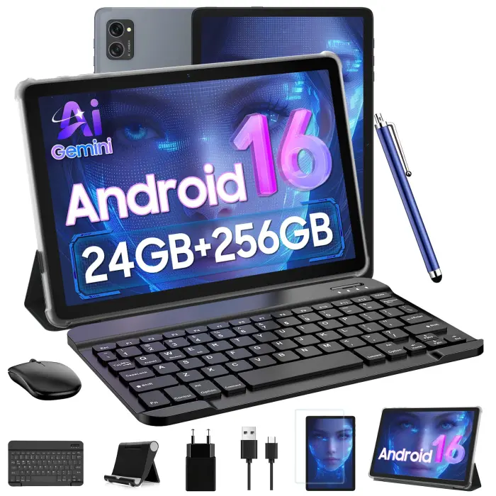 Tablet 2026 Latest Android 16 Tablets with 10.1 Inch Incell Display, 24GB RAM 256GB ROM /2TB TF, Gemini AI, T606 Octa-Core+8MP Camera, 5000mAh, Widevine L1, 2 in 1 Tablets with Keyboard Mouse Stylus - Image 1