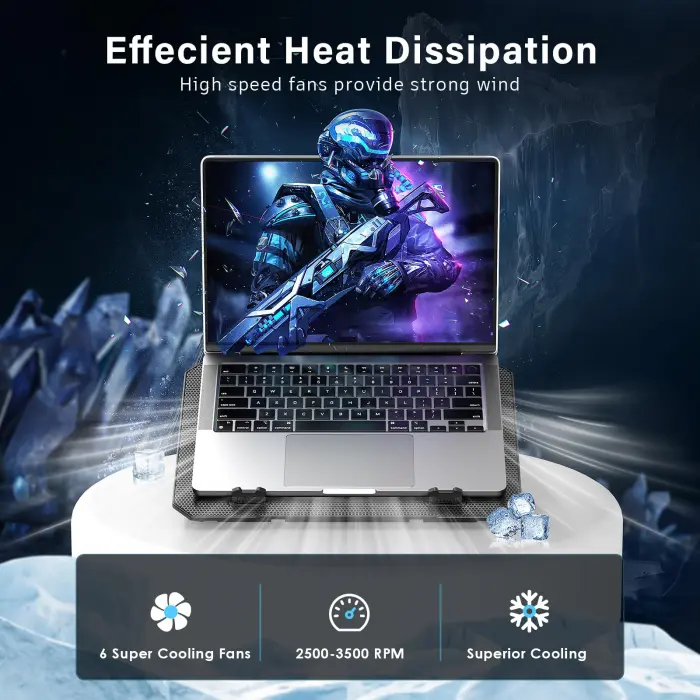 Laptop Cooling Pad, Laptop Cooler 6 Quiet Fans for 12"-17" Laptops, Gaming Laptop Fan Cooling Pad with 5 Height Adjustable, Slim Portable USB Powered, 2 USB Ports & Phone Holder - Image 7