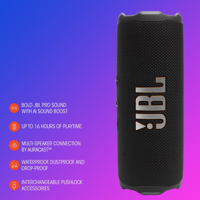 JBL Flip 7 - Portable Waterproof and Drop-Proof Speaker, Bold Pro Sound with AI Sound Boost, 16Hrs of Playtime, and PushLock System with Interchangeable Accessories (Blue) (Renewed) - Image 3