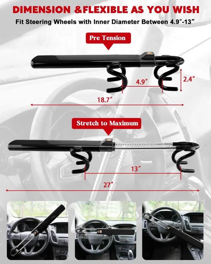 Tevlaphee Steering Wheel Lock Anti-Theft Car Device Heavy Duty Security Car Lock Antitheft Locking Devices Great Deterrent Adjustable Car Wheel Lock Anti Theft for Vehicle Truck with 3 Keys(Black) - Image 7