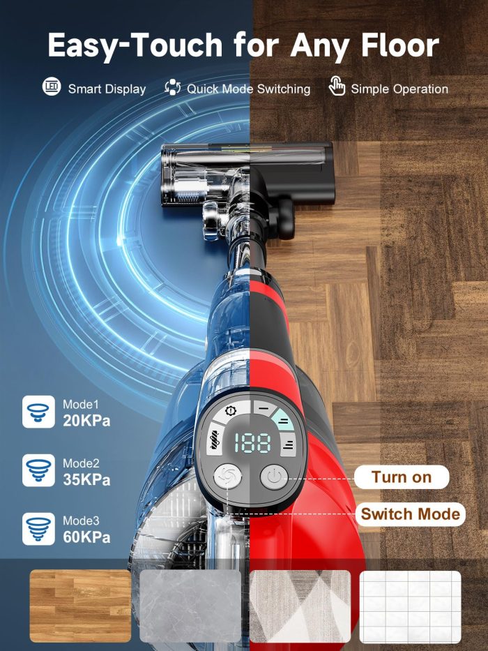 60KPa Cordless Vacuum Cleaner for Home, 700W Brushless Motor Handheld Vacuum, Dual 8000mAh Batteries, Up to 70-Min Runtime, 2L Dust Cup, LED Display, Anti-Tangle for Pet Hair, Carpet & Hardwood Floors - Image 6