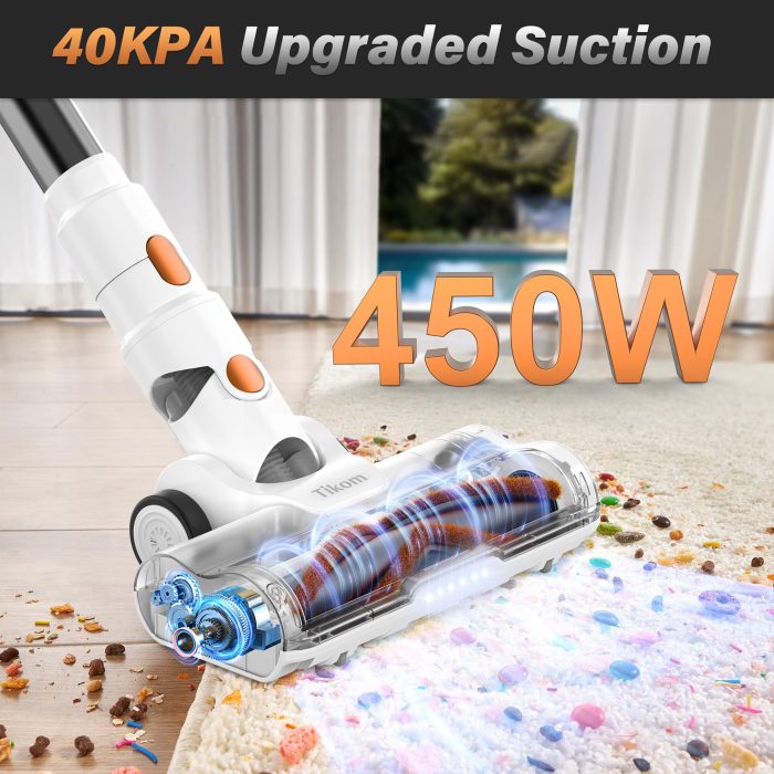 Tikom V500 Cordless Vacuum Cleaner for Home, 40000Pa/450W Stick Vacuum with LED Touch Screen, Charging Wall Dock, Anti-Tangle, Lightweight Handheld Vacuum for Pet Hair, Hard Floor, Carpet - Image 9