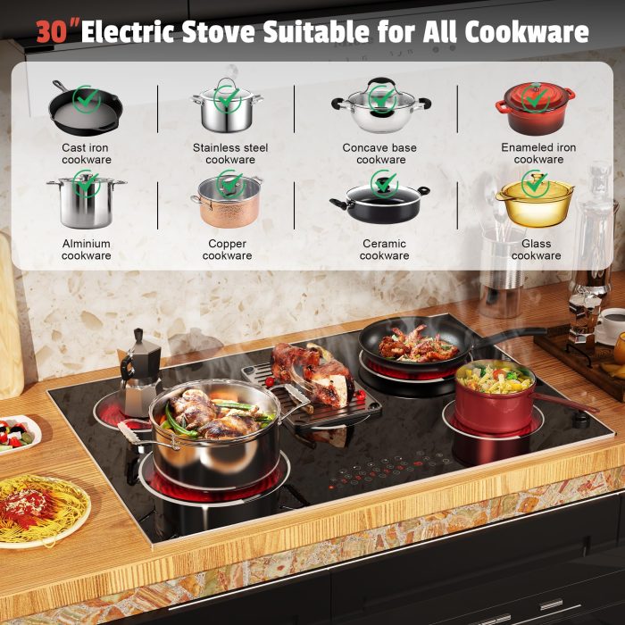 Jessier 30 Inch Electric Cooktop - 30 Inches Electric Stove 8400W, 5 Burner Ceramic Stovetop Built-in(29.13"x19.3") with Metal Frame, 99 Mins Timer, Safety Lock, Dual Ring, 220V Hard Wired (No Plug) - Image 2