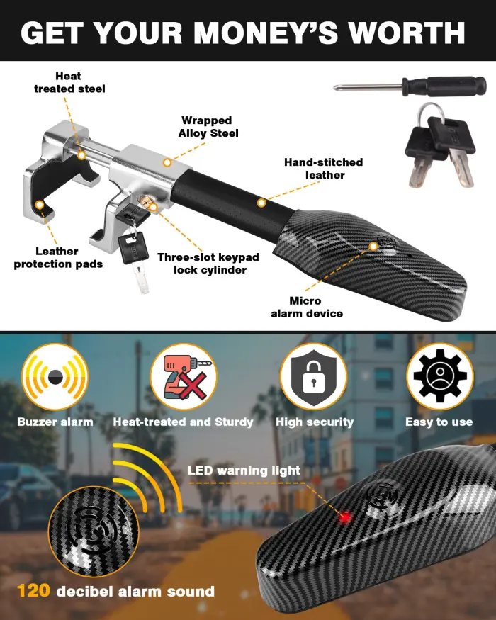 Tevlaphee Steering Wheel Lock with Alarm,Heavy Duty Anti-Theft Car Device Car Lock Car Theft Prevention Universal Fit for Vehicle Truck Van SUV Car Security with 2 Keys - Image 2