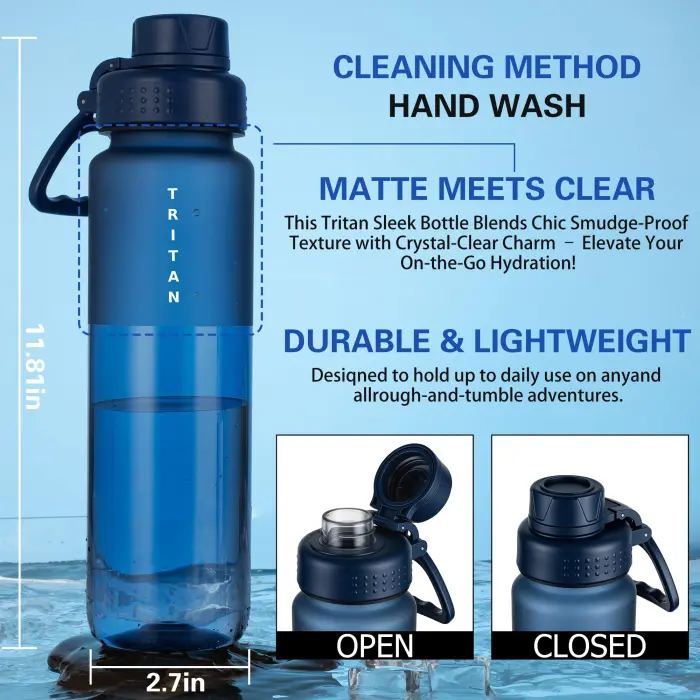 OLDLEY 32oz Frosted Clear Water Bottle, BPA-Free Tritan Plastic Reusable Water Bottle with Fast-Flow Spout Lid, Wide Mouth Leakproof Sports Drinking Bottle for Gym, School,Travel,Midnight Blue - Image 4