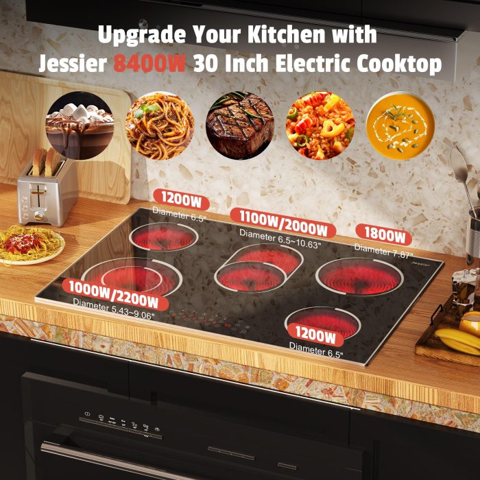 Jessier 30 Inch Electric Cooktop - 30 Inches Electric Stove 8400W, 5 Burner Ceramic Stovetop Built-in(29.13"x19.3") with Metal Frame, 99 Mins Timer, Safety Lock, Dual Ring, 220V Hard Wired (No Plug) - Image 7