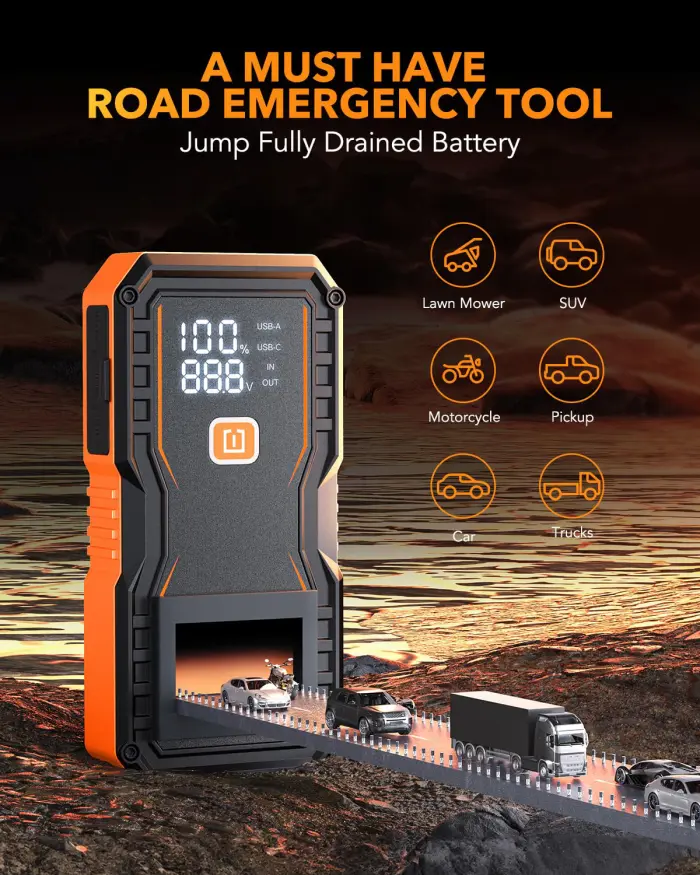 OXILAM Jump Starter 6000A for All Gas/12L Diesel, Car Battery Jumper Starter Portable, 12V Lithium Jump Box with Jumper Cables, LED Display, LED Light, Power Bank with USB, Type C Port - Image 8