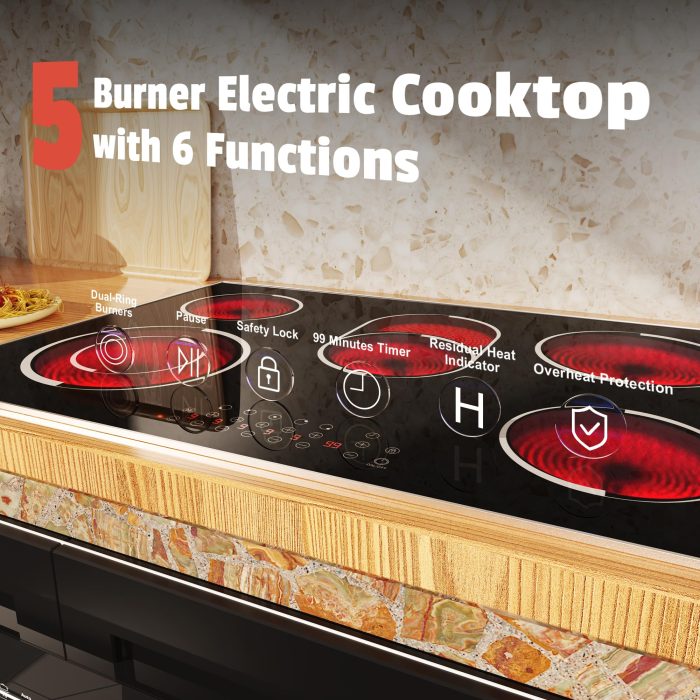 Jessier 30 Inch Electric Cooktop - 30 Inches Electric Stove 8400W, 5 Burner Ceramic Stovetop Built-in(29.13"x19.3") with Metal Frame, 99 Mins Timer, Safety Lock, Dual Ring, 220V Hard Wired (No Plug) - Image 5
