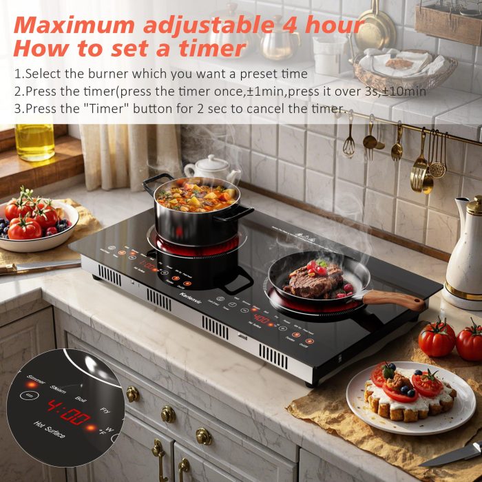 Karienvir 2 Burner Electric Cooktop 110v, 2000W Electric Stove Top Countertop & Built-in, Plug-in Electrics Cooktop 24 Inch, 8 Power Levels & 8 Functions, Touch Control, Safety Lock, Timer, Karienvir - Image 7