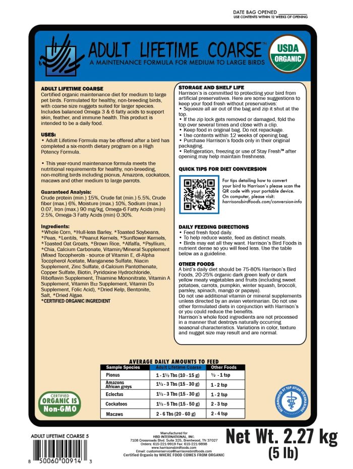 Harrison's Bird Foods Adult Lifetime Coarse Certified Organic Non-GMO Daily Maintenance Formula for Medium to Large Birds, Parrots, Cockatoos, Macaws etc, Suitable for All Life Stages 2.27kg/ 5lb - Image 9